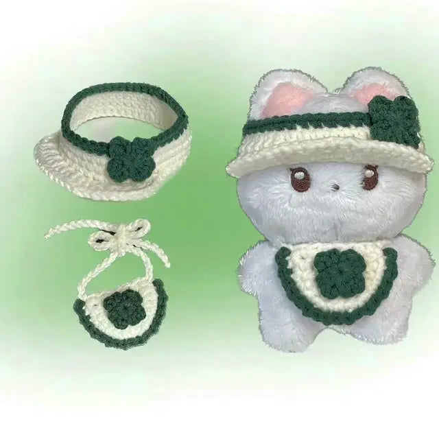 10cm 인형 네잎클로버 뜨개 인형옷 턱받이 썬캡