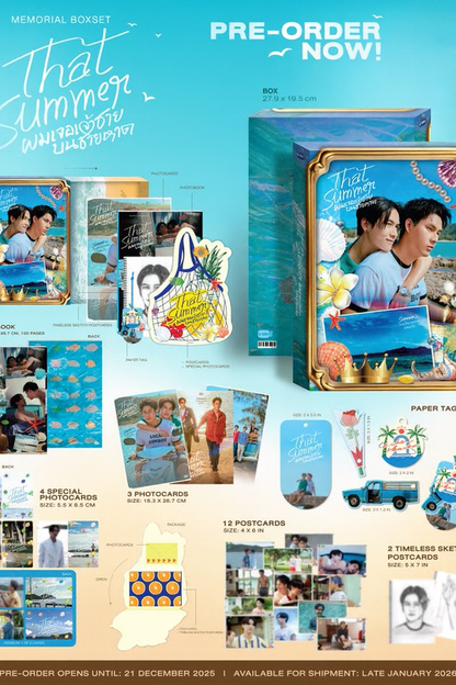 GMMTV Europe Pre-Order WinnySatang THAT SUMMER Memorial Photobook Box Set Winny Satang Thanawin Pholcharoenrat Satang Kittiphop Sereevichayasawat Thai BL Drama Series Fish Upon the Sky, Star and Sky: Star in My Mind, My School President Win Sound We Are Opposite fan meeting photobook Becoming Us That Summer (2025) Lava and Wave Samruay Doll Keychain